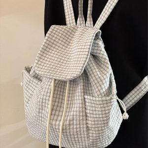 Korean-Style Plaid Drawstring Backpack - Large Capacity Lightweight Nylon Student Commuter Bag