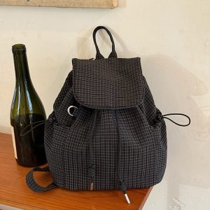 Korean-Style Plaid Drawstring Backpack - Large Capacity Lightweight Nylon Student Commuter Bag