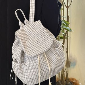 Korean-Style Plaid Drawstring Backpack - Large Capacity Lightweight Nylon Student Commuter Bag