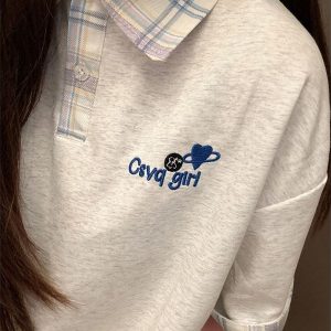 Korean-Style Plaid Spliced Polo Collar Embroidered Short Sleeve T-Shirt for Women - Summer College Couple Design Top