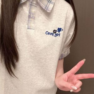 Korean-Style Plaid Spliced Polo Collar Embroidered Short Sleeve T-Shirt for Women - Summer College Couple Design Top