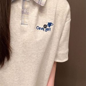 Korean-Style Plaid Spliced Polo Collar Embroidered Short Sleeve T-Shirt for Women - Summer College Couple Design Top
