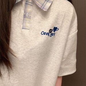 Korean-Style Plaid Spliced Polo Collar Embroidered Short Sleeve T-Shirt for Women - Summer College Couple Design Top