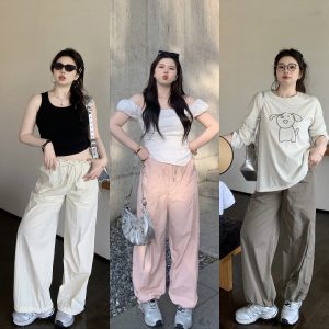 Korean Style Plus Size Ultra-Thin Cargo Pants for Women - Casual Outdoor Mountaineering Feu Parachute Design