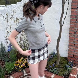 Korean-Style Retro Black and White Checkered A-Line Midi Skirt for Women - Summer Side Zipper Faux Two-Piece Bodycon Design