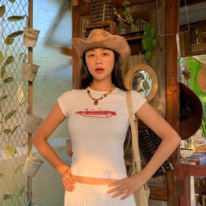 Korean Style Retro Car Print Short-Sleeve Fitted Slim Pure Cotton High-Stretch T-Shirt for Women
