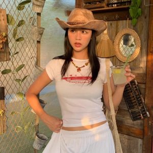 Korean Style Retro Car Print Short-Sleeve Fitted Slim Pure Cotton High-Stretch T-Shirt for Women