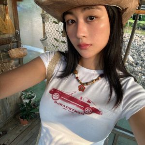 Korean Style Retro Car Print Short-Sleeve Fitted Slim Pure Cotton High-Stretch T-Shirt for Women