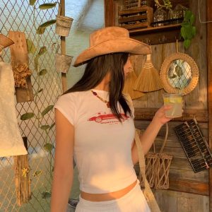 Korean Style Retro Car Print Short-Sleeve Fitted Slim Pure Cotton High-Stretch T-Shirt for Women