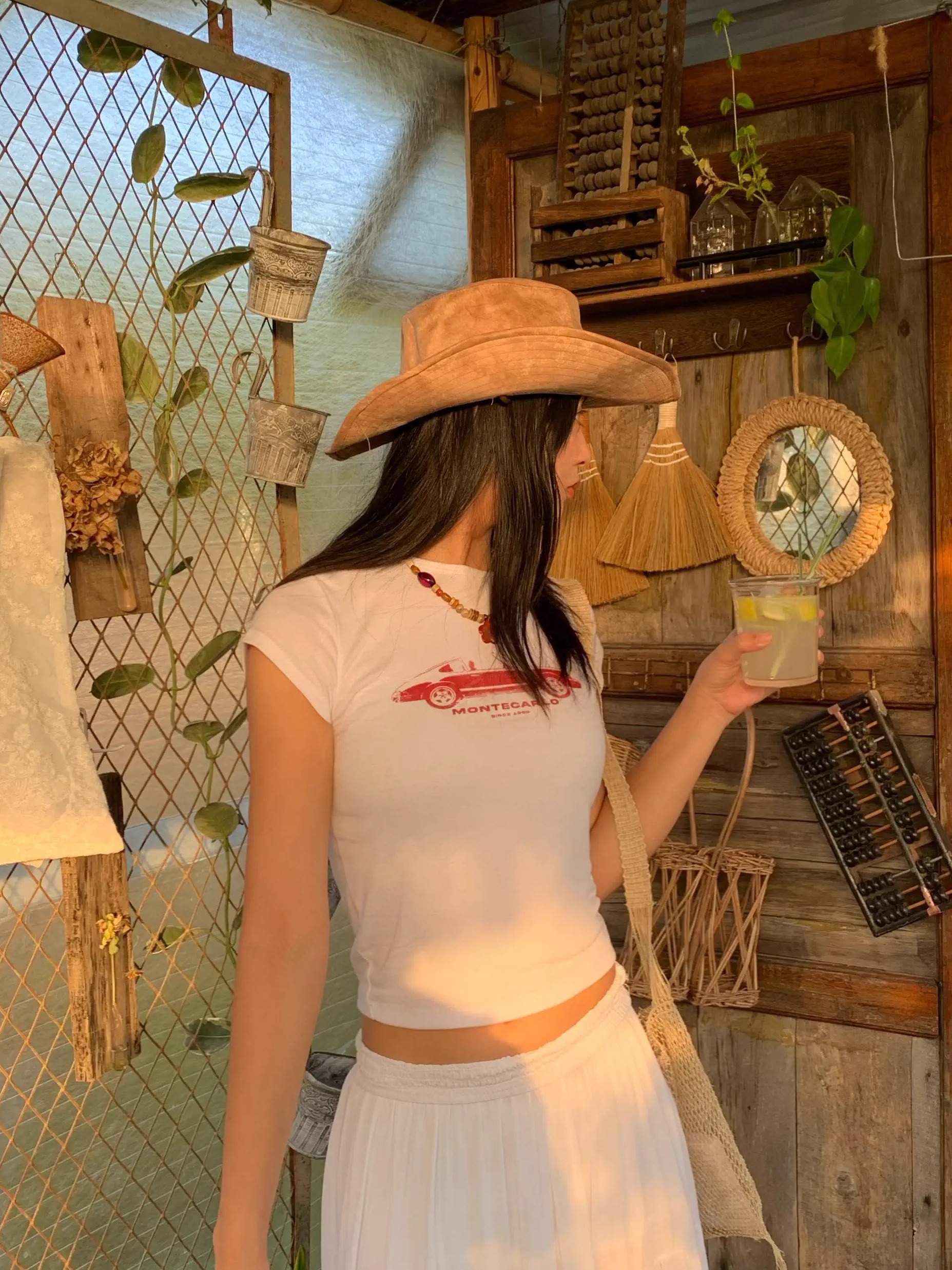 Korean Style Retro Car Print Short-Sleeve Fitted Slim Pure Cotton High-Stretch T-Shirt for Women Korean Style Retro Car Print Short-Sleeve Fitted Slim Pure Cotton High-Stretch T-Shirt for Women