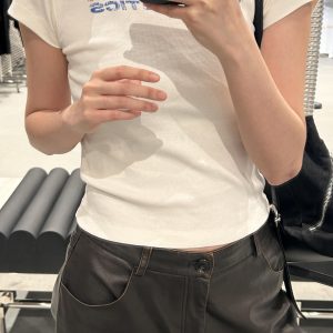 Korean Style Retro Distressed Letter Print Fitted Slim Cotton Short Sleeve T-Shirt - 25SS High-Stretch Fashion Top