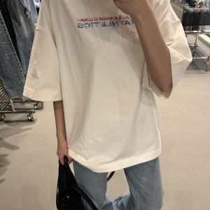 Korean Style Retro Distressed Letter Print Fitted Slim Cotton Short Sleeve T-Shirt - 25SS High-Stretch Fashion Top