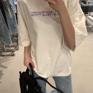 Korean Style Retro Distressed Letter Print Fitted Slim Cotton Short Sleeve T-Shirt - 25SS High-Stretch Fashion Top