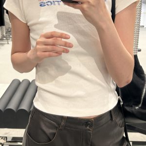 Korean Style Retro Distressed Letter Print Fitted Slim Cotton Short Sleeve T-Shirt - 25SS High-Stretch Fashion Top