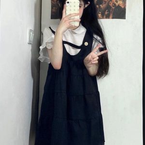 Korean-Style Retro Doll Collar Short Sleeve Suspender Dress - Sweet Two-Piece Look for Women, Perfect for Summer College Style