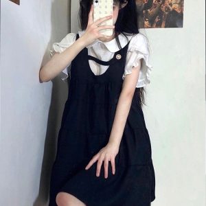 Korean-Style Retro Doll Collar Short Sleeve Suspender Dress - Sweet Two-Piece Look for Women, Perfect for Summer College Style