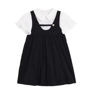 Korean-Style Retro Doll Collar Short Sleeve Suspender Dress - Sweet Two-Piece Look for Women, Perfect for Summer College Style