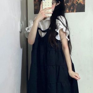 Korean-Style Retro Doll Collar Short Sleeve Suspender Dress - Sweet Two-Piece Look for Women, Perfect for Summer College Style