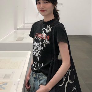 Korean Style Retro Floral Print Black Washed Slim Fit Cotton Short Sleeve T-Shirt for Women