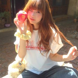 Korean-Style Retro Heavyweight T-Shirt for Women, Summer Sunflower Print, White Round Neck Short Sleeve, Loose Fit Top