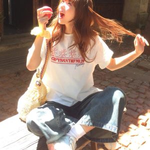 Korean-Style Retro Heavyweight T-Shirt for Women, Summer Sunflower Print, White Round Neck Short Sleeve, Loose Fit Top