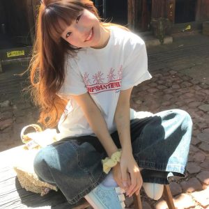 Korean-Style Retro Heavyweight T-Shirt for Women, Summer Sunflower Print, White Round Neck Short Sleeve, Loose Fit Top