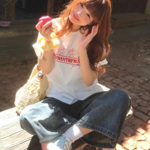 Korean-Style Retro Heavyweight T-Shirt for Women, Summer Sunflower Print, White Round Neck Short Sleeve, Loose Fit Top