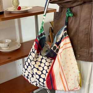 Korean-Style Retro Patchwork Polka Dot Canvas Tote Bag for Women, Large-Capacity Ethnic Shoulder Crossbody Bag