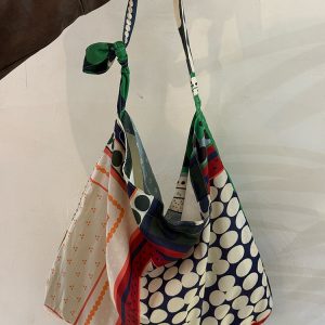 Korean-Style Retro Patchwork Polka Dot Canvas Tote Bag for Women, Large-Capacity Ethnic Shoulder Crossbody Bag