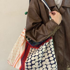 Korean-Style Retro Patchwork Polka Dot Canvas Tote Bag for Women, Large-Capacity Ethnic Shoulder Crossbody Bag
