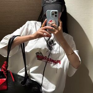 Korean Style Retro Rose Print Casual Loose Cotton Short Sleeve T-Shirt for Summer