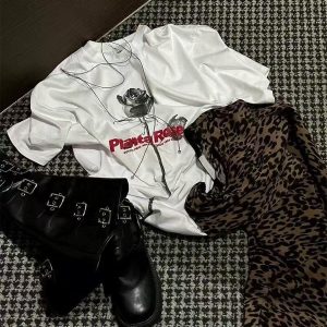 Korean Style Retro Rose Print Casual Loose Cotton Short Sleeve T-Shirt for Summer