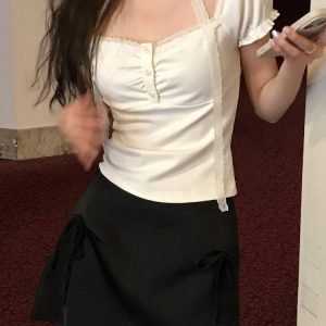 Korean Style Ruffled Short Sleeve Top & Bow Half-Length Skirt Set - Trendy Seoul Diary Look for Chic Fashionistas