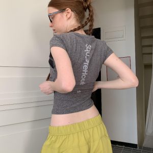 Korean Style Short-Sleeve Slim-Fit Cotton T-Shirt with Sports Letter Print for Women - High Stretch, Trendy Casual Wear