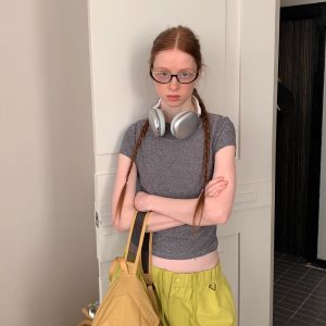 Korean Style Short-Sleeve Slim-Fit Cotton T-Shirt with Sports Letter Print for Women - High Stretch, Trendy Casual Wear