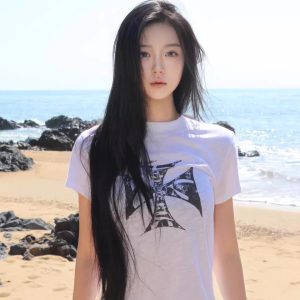 Korean Style Short Sleeve Slim-Fit Top with Crusader Print - Bamboo Cotton, Slightly Sheer, Trendy Y2K Aesthetic for Stylish Girls