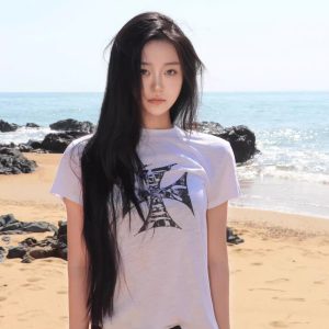 Korean Style Short Sleeve Slim-Fit Top with Crusader Print - Bamboo Cotton, Slightly Sheer, Trendy Y2K Aesthetic for Stylish Girls