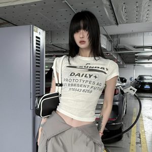 Korean Style Short Sleeve T-Shirt for Women, Slightly Sheer Bamboo Cotton, Sports Letter Print, Trendy Casual Top for Spicy Girls