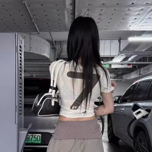 Korean Style Short Sleeve T-Shirt for Women, Slightly Sheer Bamboo Cotton, Sports Letter Print, Trendy Casual Top for Spicy Girls