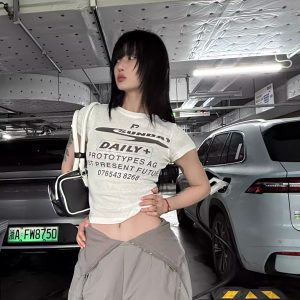 Korean Style Short Sleeve T-Shirt for Women, Slightly Sheer Bamboo Cotton, Sports Letter Print, Trendy Casual Top for Spicy Girls