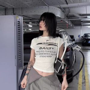 Korean Style Short Sleeve T-Shirt for Women, Slightly Sheer Bamboo Cotton, Sports Letter Print, Trendy Casual Top for Spicy Girls