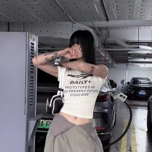 Korean Style Short Sleeve T-Shirt for Women, Slightly Sheer Bamboo Cotton, Sports Letter Print, Trendy Casual Top for Spicy Girls