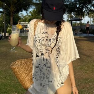Korean Style Slightly Sheer Graffiti Print Sun Protection Loose Short Sleeve T-Shirt for Women - Casual Versatile Fashion Top