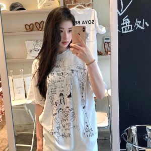 Korean Style Slightly Sheer Graffiti Print Sun Protection Loose Short Sleeve T-Shirt for Women - Casual Versatile Fashion Top