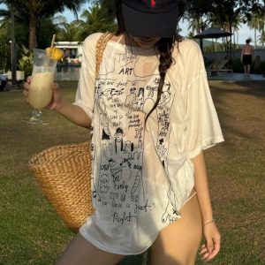 Korean Style Slightly Sheer Graffiti Print Sun Protection Loose Short Sleeve T-Shirt for Women - Casual Versatile Fashion Top