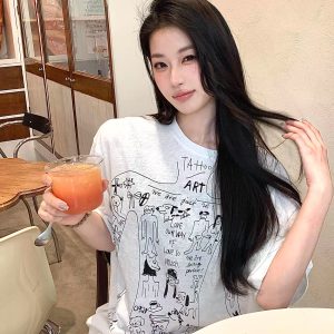 Korean Style Slightly Sheer Graffiti Print Sun Protection Loose Short Sleeve T-Shirt for Women - Casual Versatile Fashion Top
