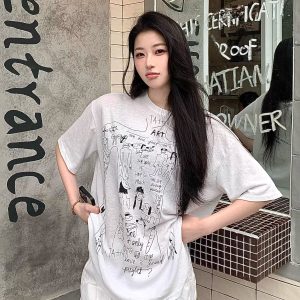 Korean Style Slightly Sheer Graffiti Print Sun Protection Loose Short Sleeve T-Shirt for Women - Casual Versatile Fashion Top