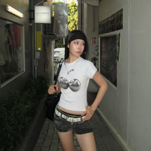 Korean Style Slim Fit Short Sleeve T-Shirt with Metal Cherry Print and High Stretch Cotton for Women