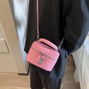 Korean-Style Small Crossbody Bag with Chain Handle, Box Design, Lock Closure, Versatile Shoulder Bag, Chic Square Purse