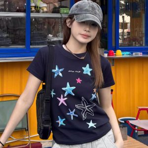 Korean Style Starfish Print Slim Fit Short Sleeve High-Stretch Cotton T-Shirt for Women - Age-Reducing Design